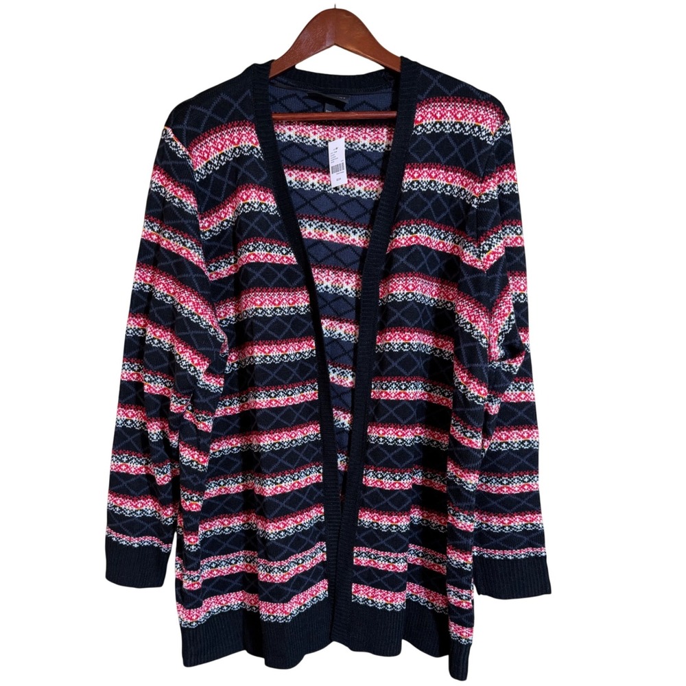 Lane Bryant Womens Plus Size 22/24 Black Red Fair Isle Open Front Cardigan NWT